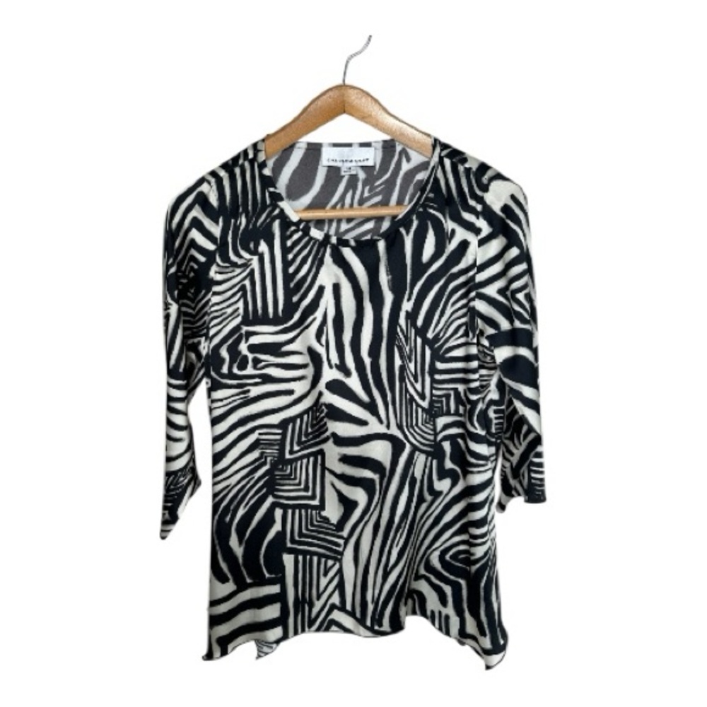 Caroline Rose Satin Tunic Top Size Medium Abstract Zebra Print Asymmetrical Hem